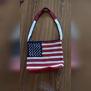 The Sak American Flag Purse USA Red White Blue Crochet Tote Bag Shoulder Straps